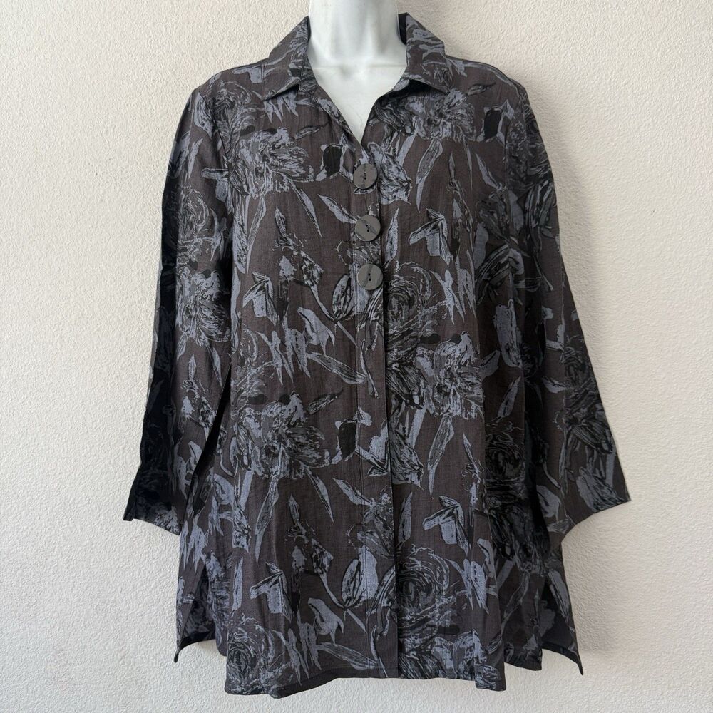 Habitat Linen Blend Floral Tunic Blouse M Lagenlook Artsy Art to Wear Whimsy Top